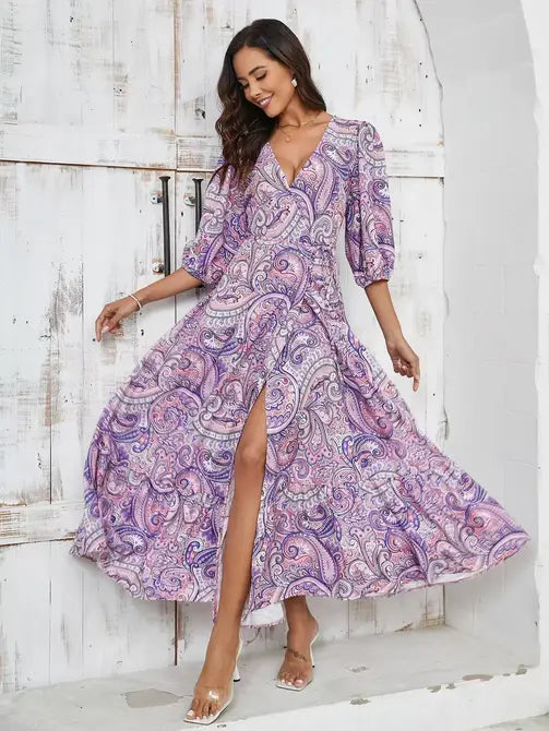 Elegant Floral Paisley Maxi Dress with Slit