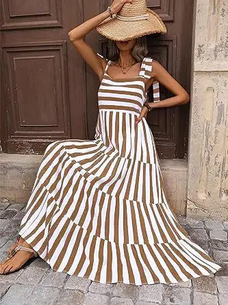 Striped and Floral Sleeveless Maxi Dress