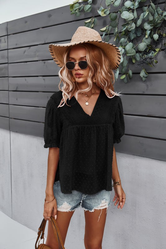 Lace front swiss dot blouse