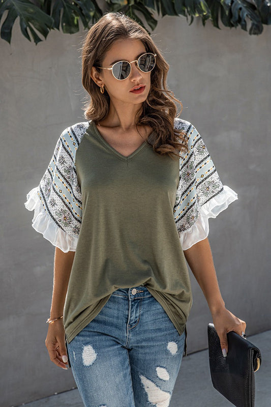 Printed ruffled sleeve top