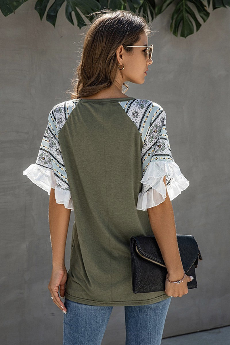 Printed ruffled sleeve top