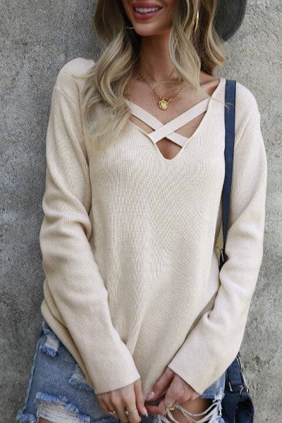 Criss cross V neck ribbed knit sweater