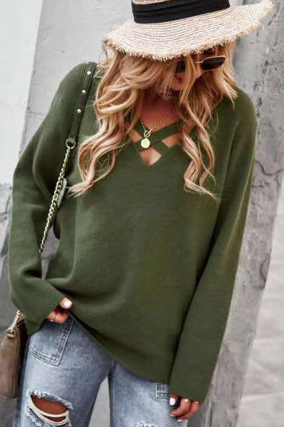 Criss cross V neck ribbed knit sweater