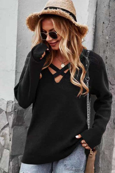 Criss cross V neck ribbed knit sweater