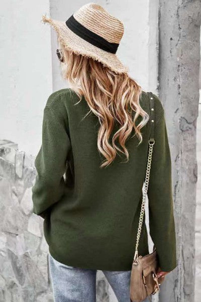 Criss cross V neck ribbed knit sweater