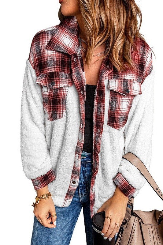 Fuzzy jacket with plaid detail