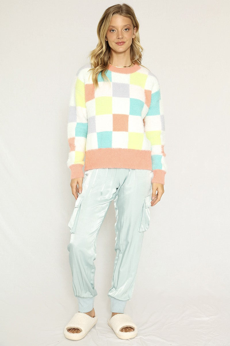 Fuzzy multicolor check sweater