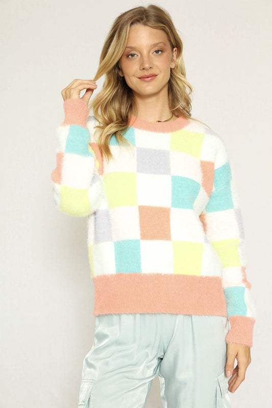 Fuzzy multicolor check sweater