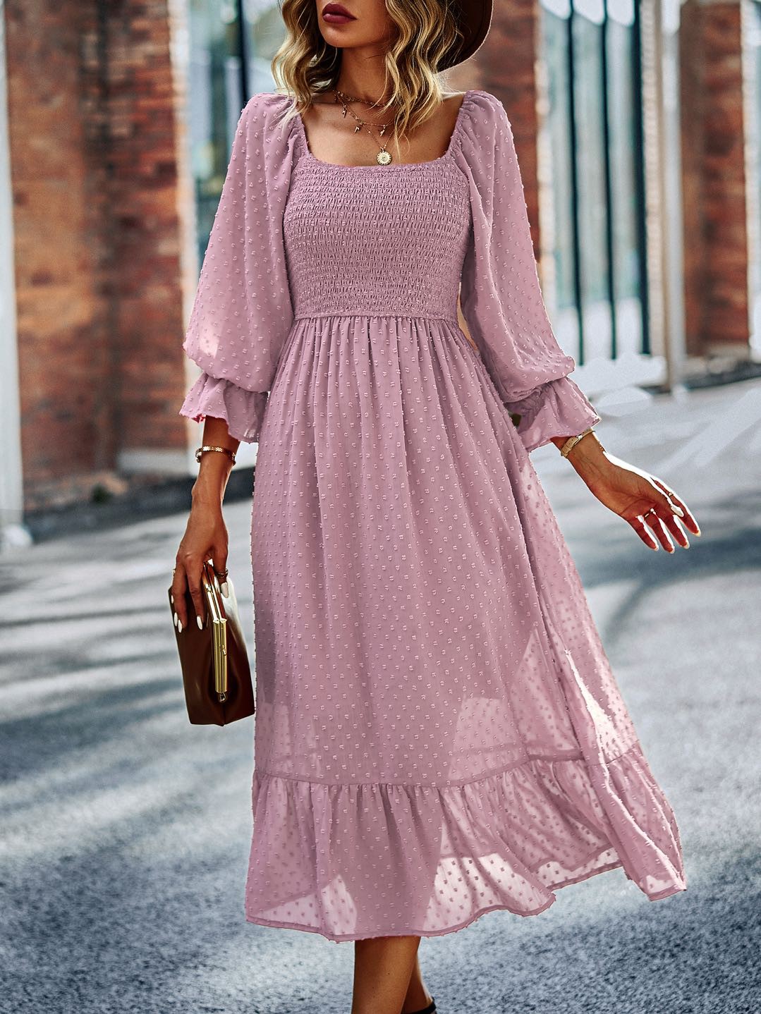 Smocked long sleeve dot dress