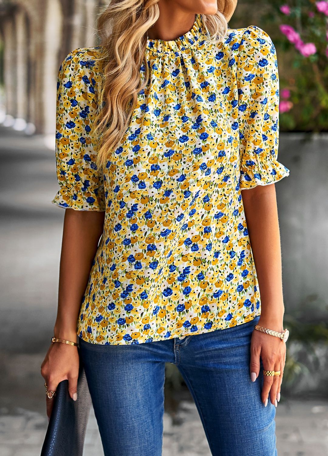 Floral mock neck blouse