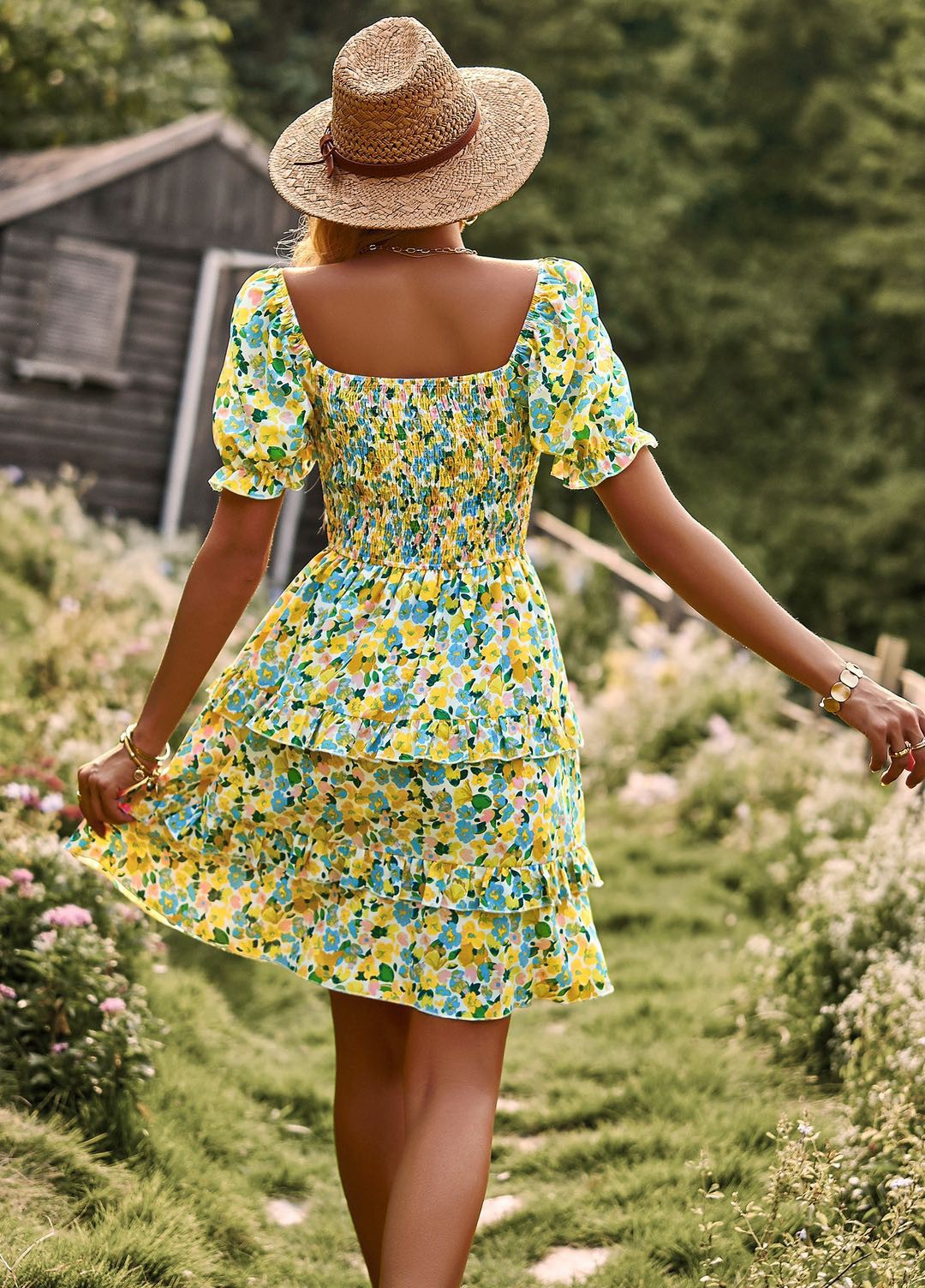 Floral smocked off shoulder dress