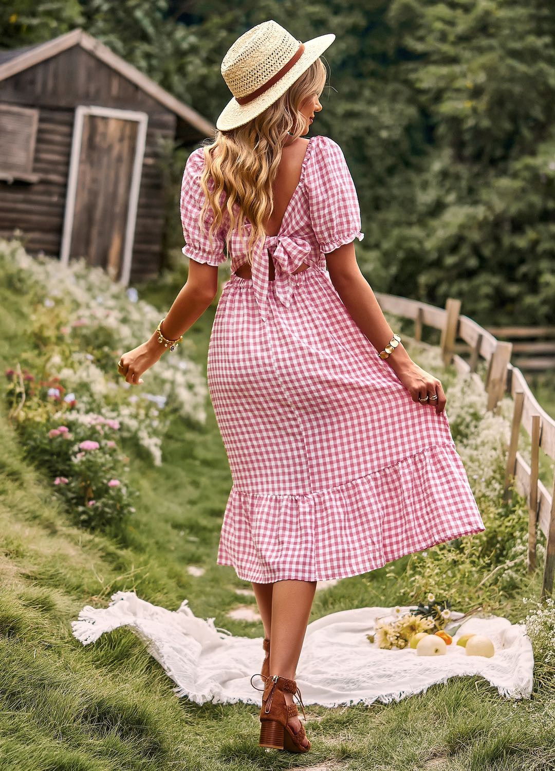 Gingham puff sleeve midi dress