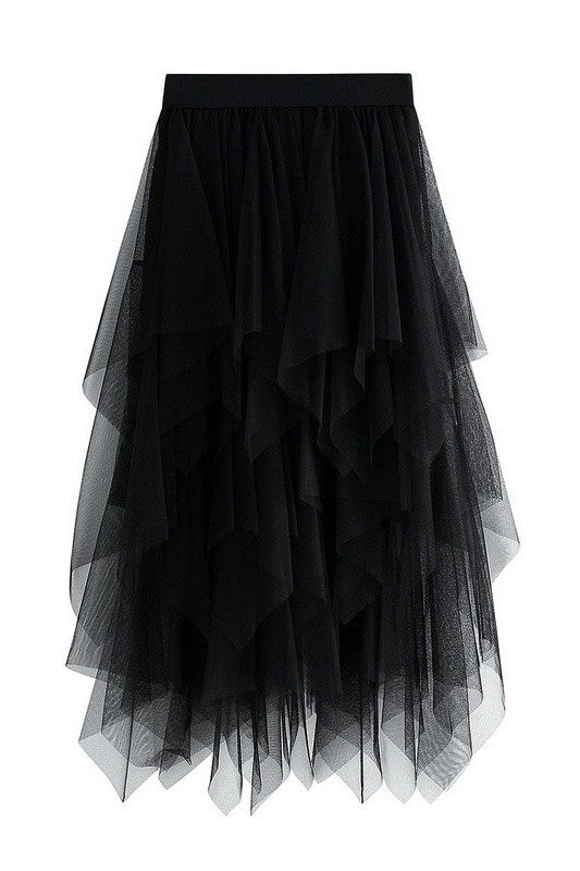 Tiered mesh ruffle midi skirt