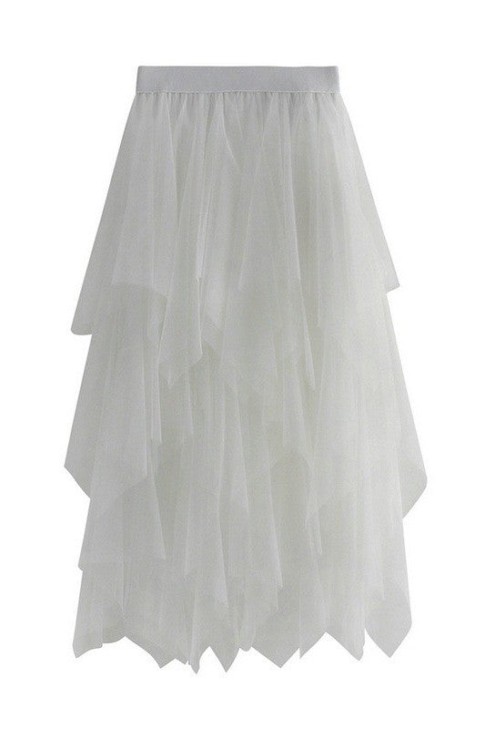 Tiered mesh ruffle midi skirt