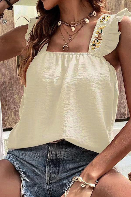 Embroidered ruffle sleeve tank