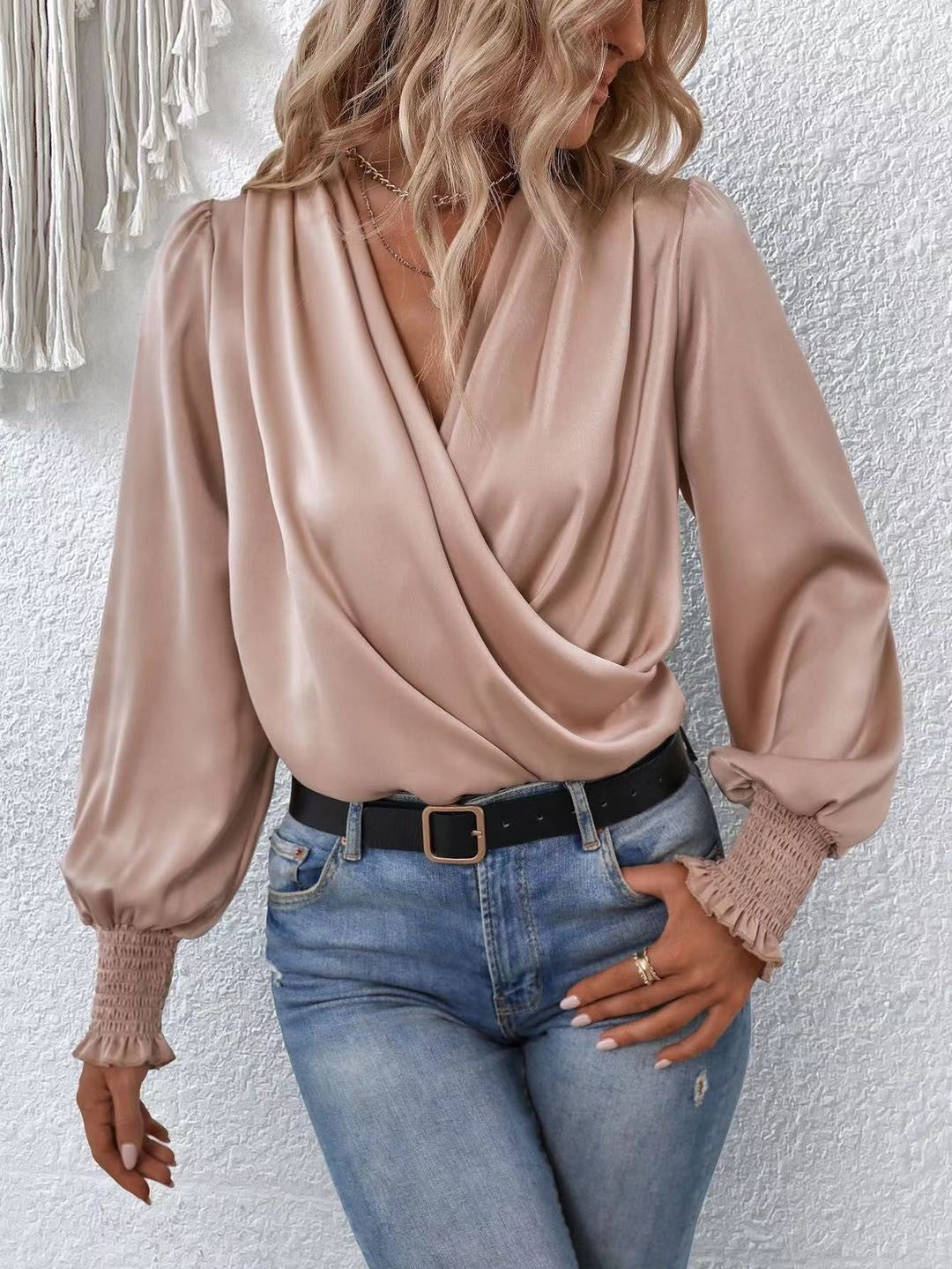 Crossover long sleeve silk blouse