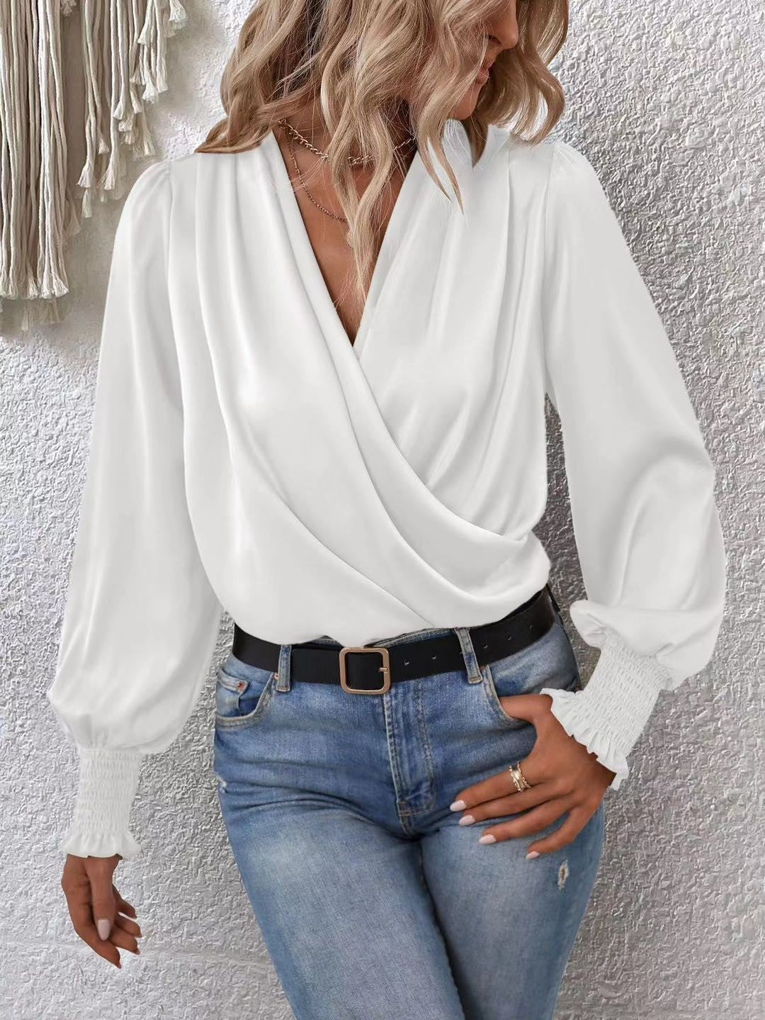 Crossover long sleeve silk blouse