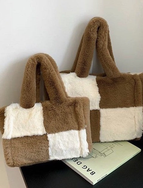 Fuzzy Checkered Shoulder Bag