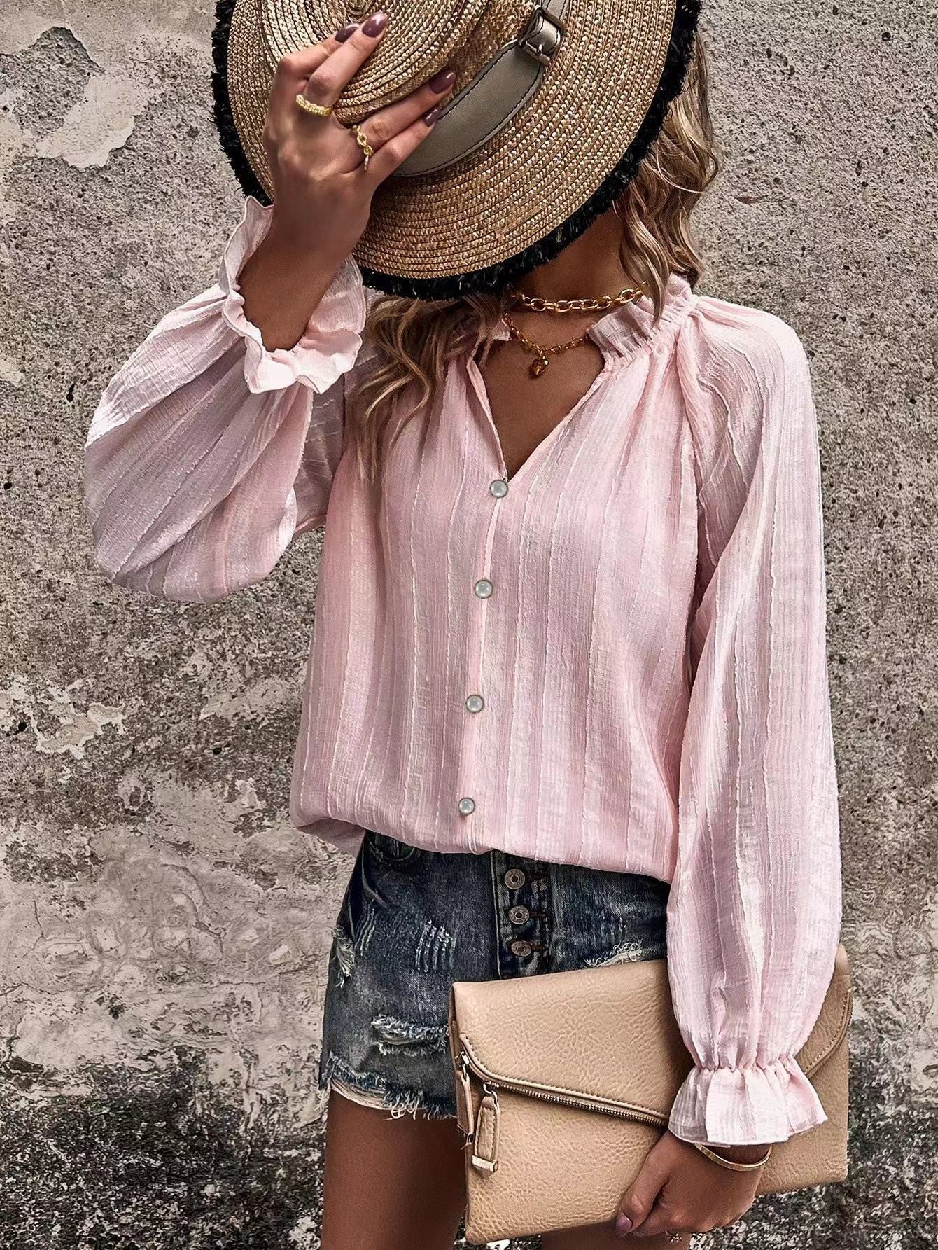 Ruffled Sleeve Front Button Blouse