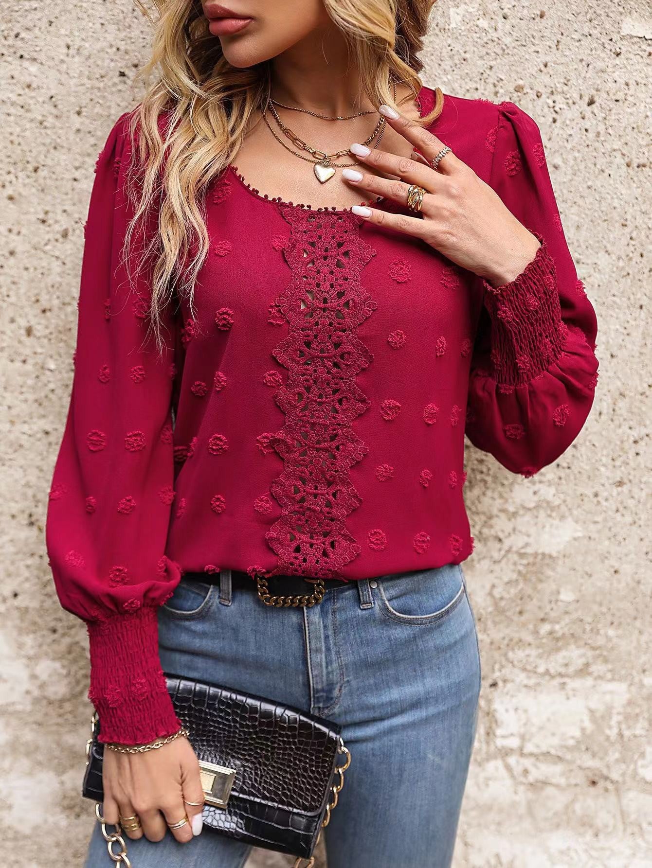 Swiss Dot Lantern Sleeve Blouse