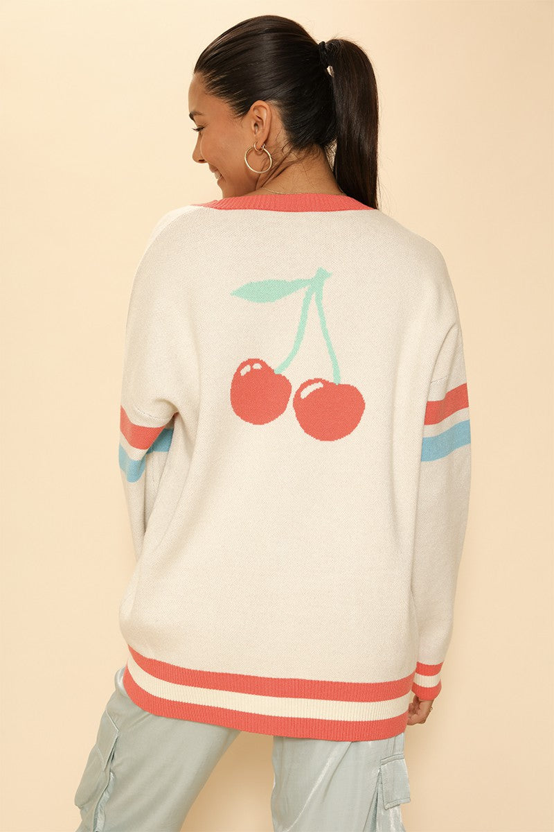 Oversized cherry varsity cardigan