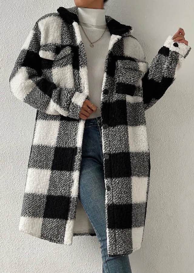 Sherpa plaid long coat