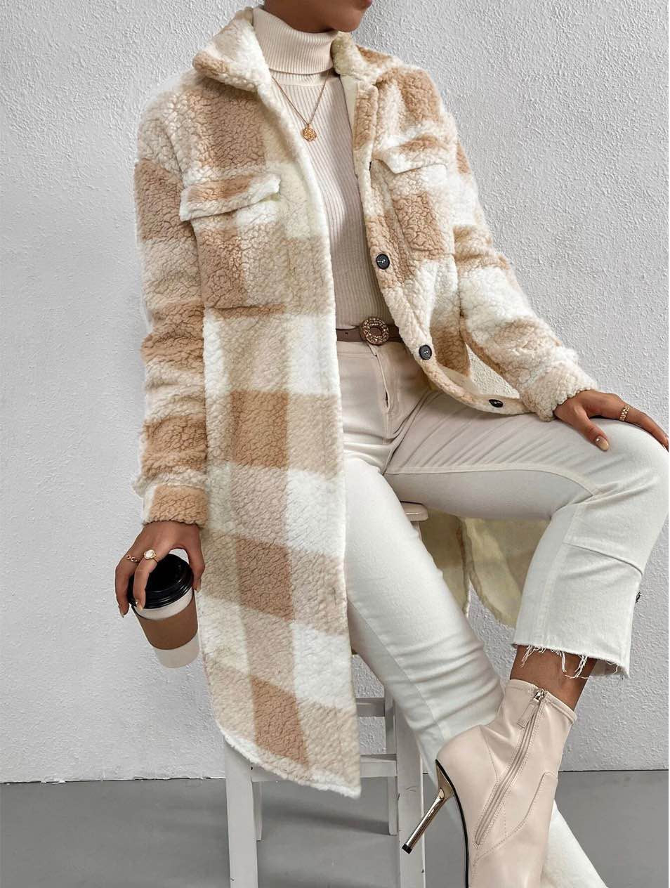 Sherpa plaid long coat