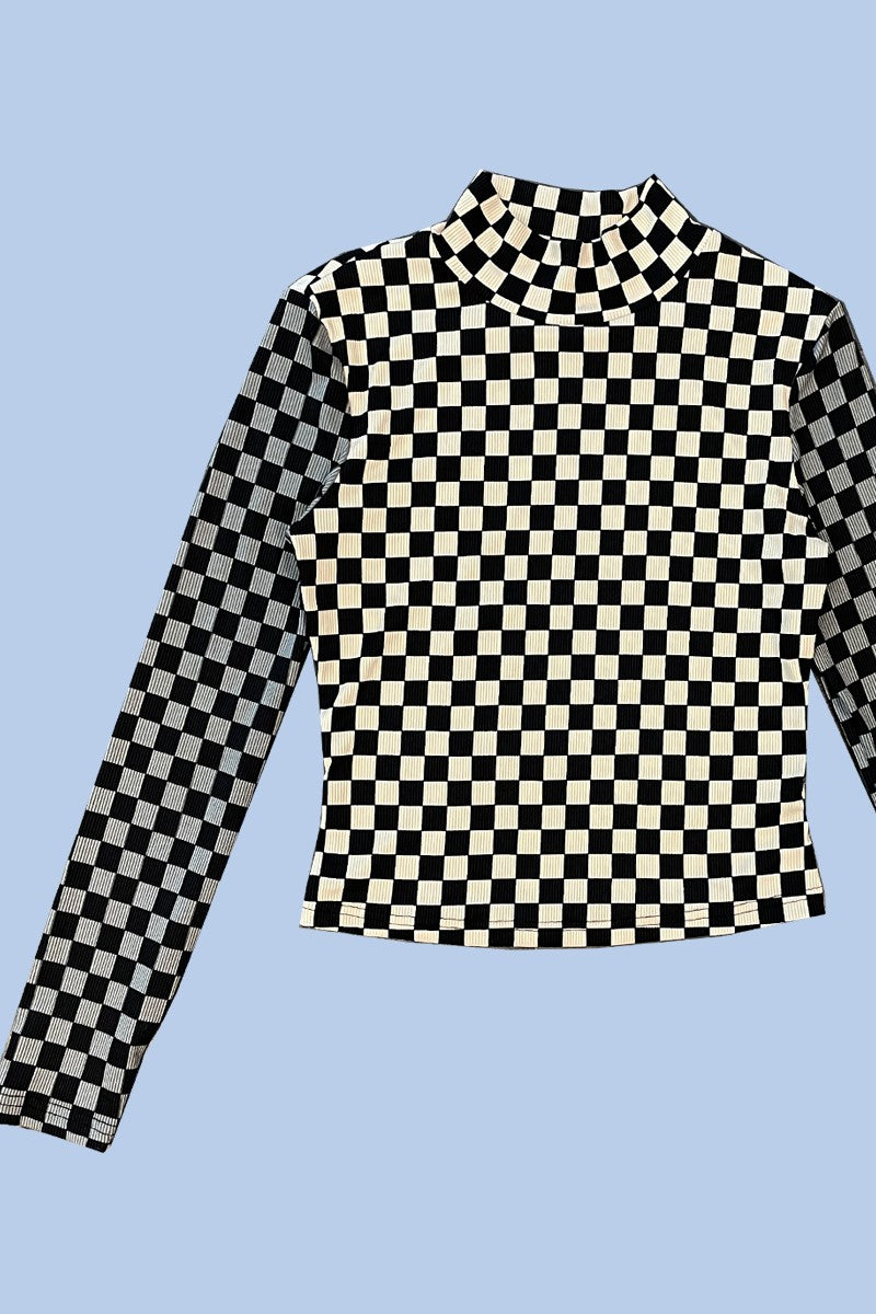 Two tone checkered ribbed mock neck top