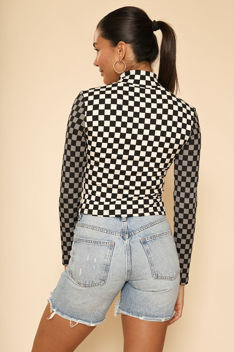 Two tone checkered ribbed mock neck top