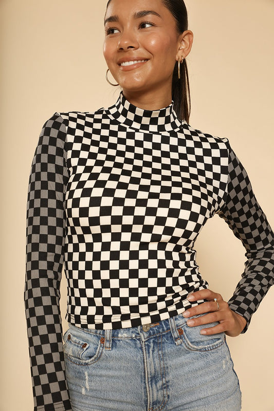 Two tone checkered ribbed mock neck top