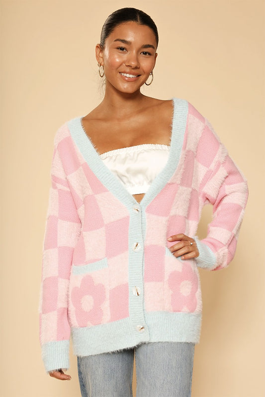 Fuzzy retro flower checkered knit cardigan