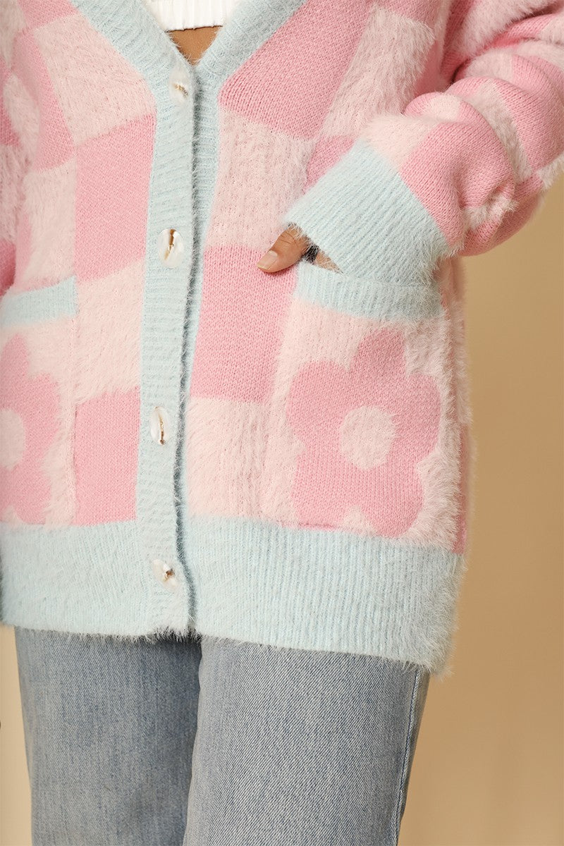 Fuzzy retro flower checkered knit cardigan