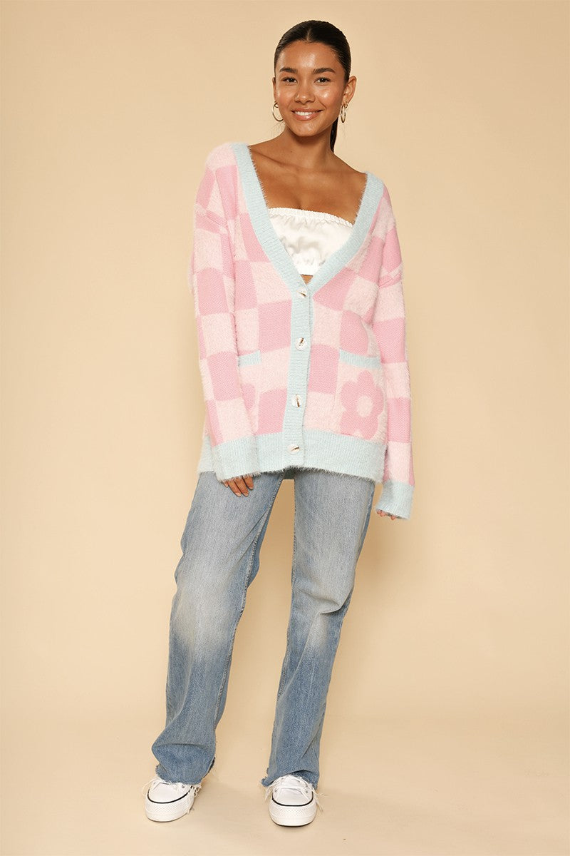 Fuzzy retro flower checkered knit cardigan