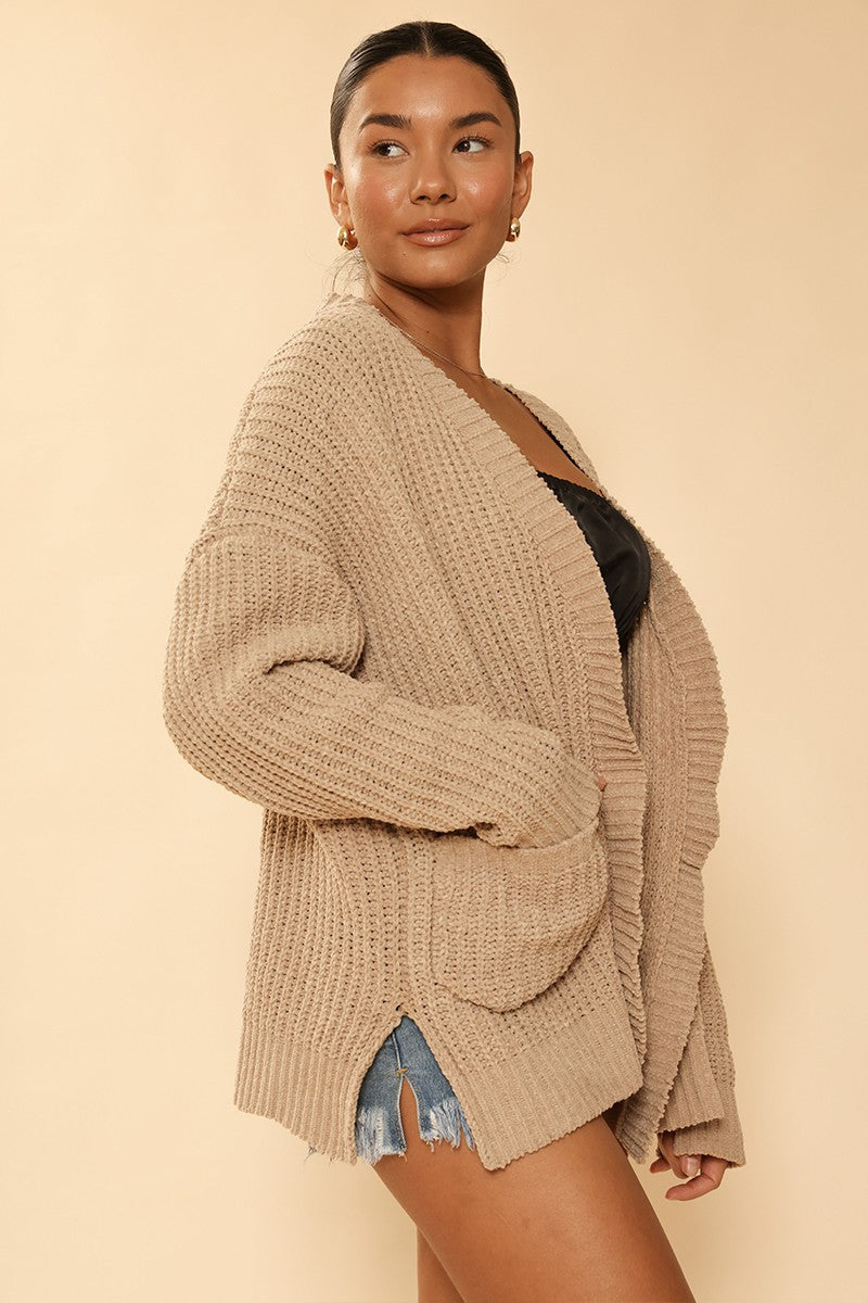 Ribbed knit open front cardigan with pockets