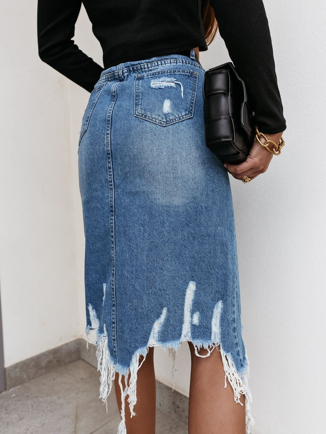 Distressed denim midi skirt