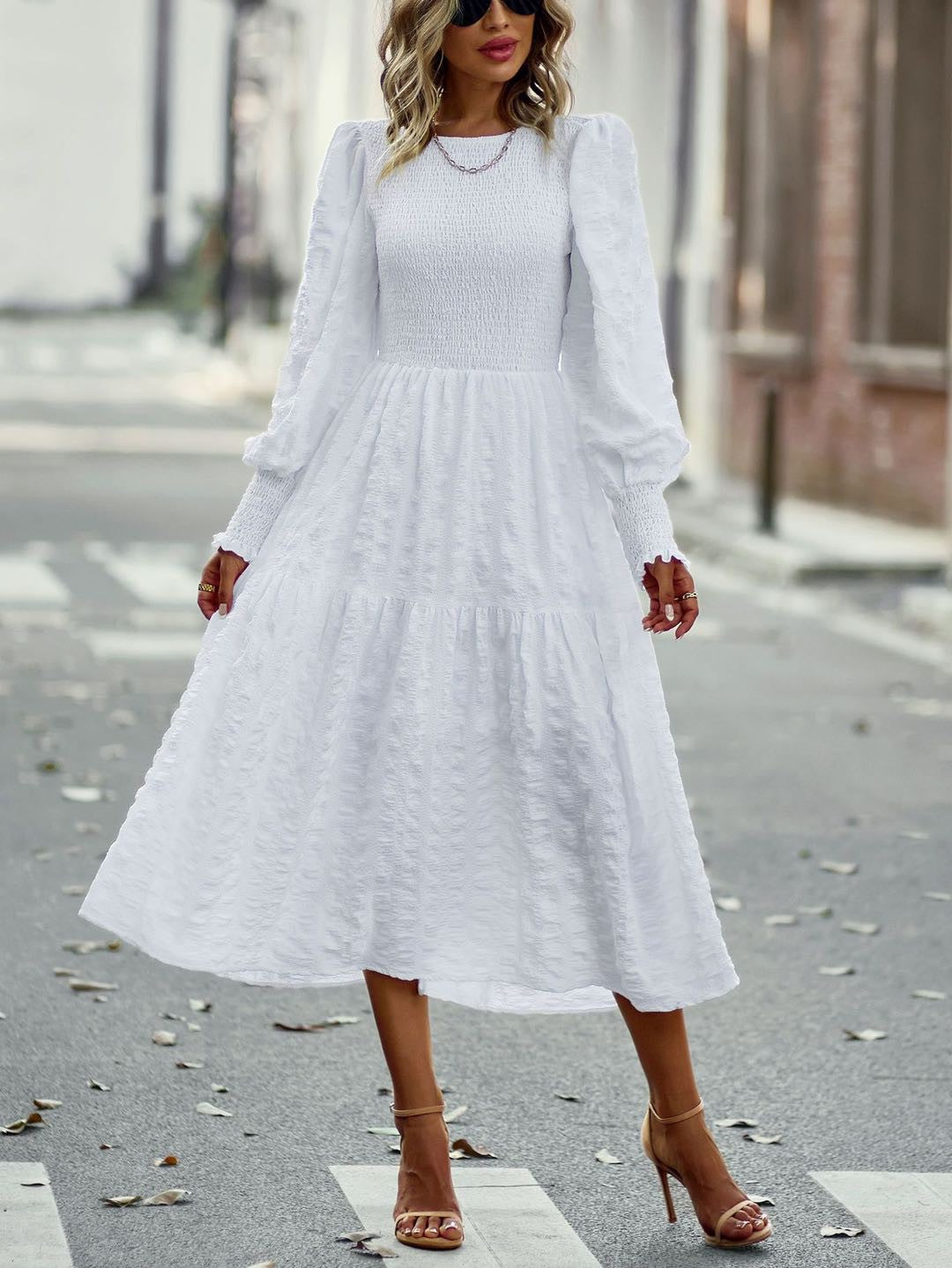 Smocked lantern sleeve dress