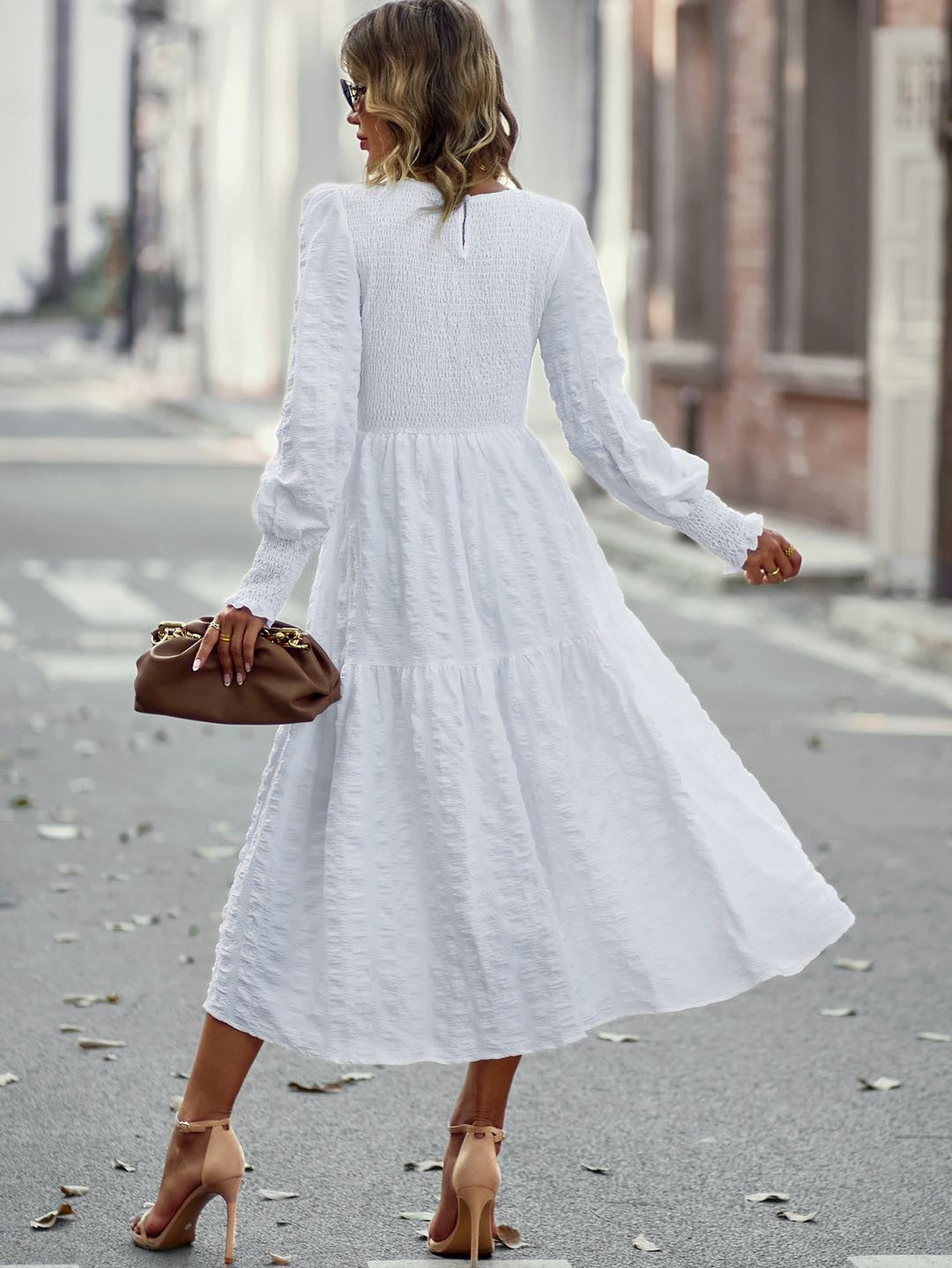 Smocked lantern sleeve dress