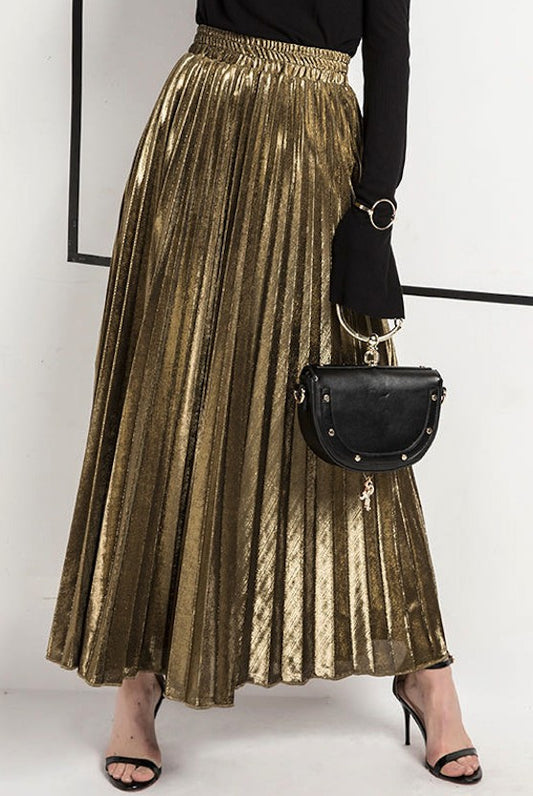 Metallic Pleated Maxi Skirt