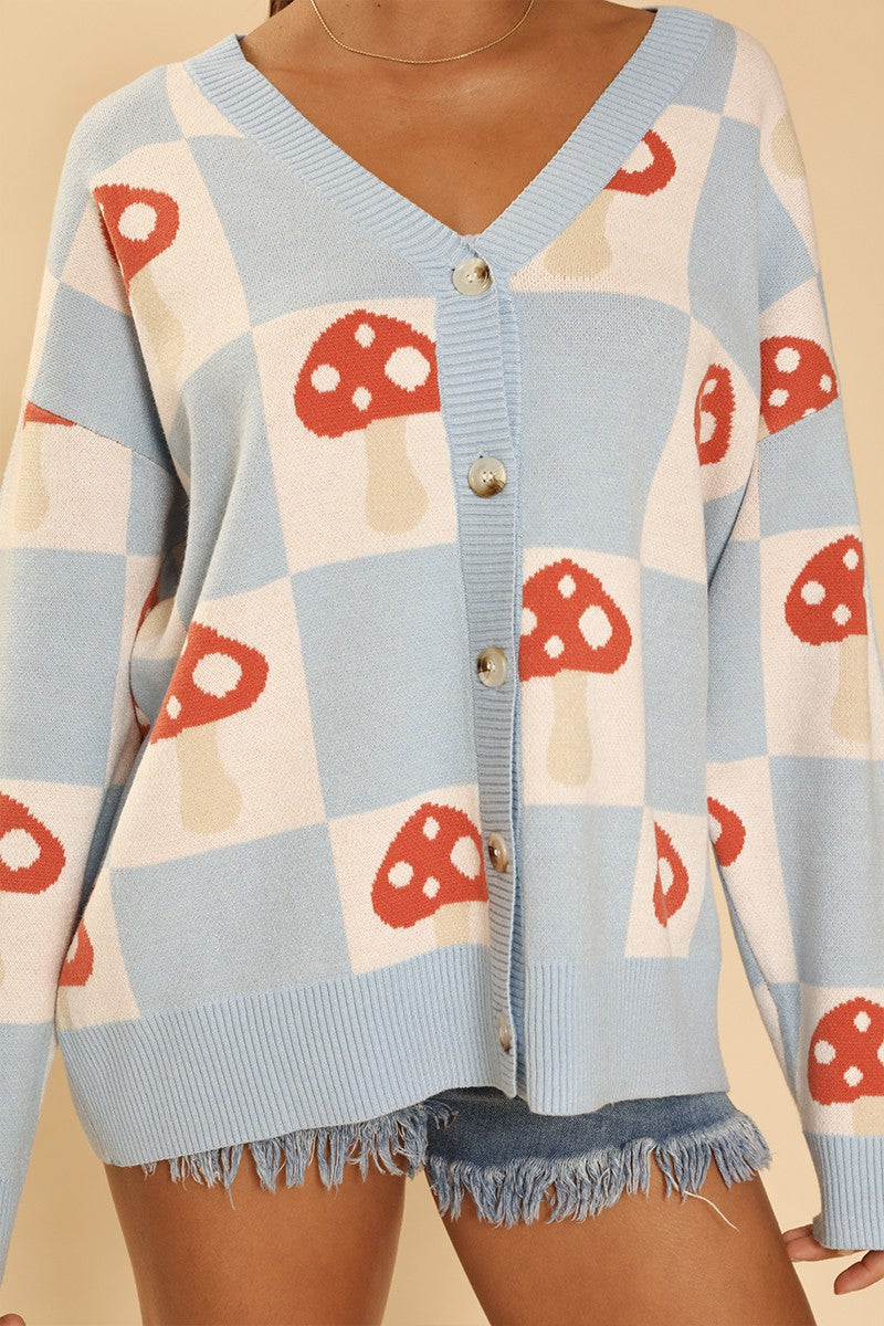 Checkered mushroom knit cardigan