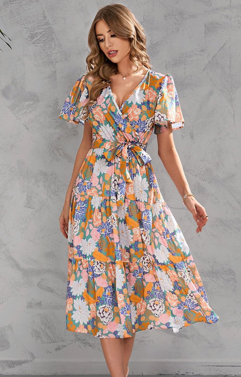 V-neck floral tiered midi dress