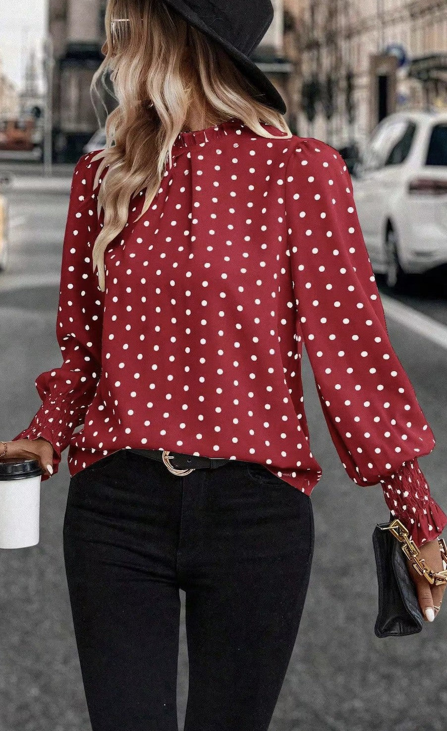 Polka Dot Print Lantern Sleeve Blouse