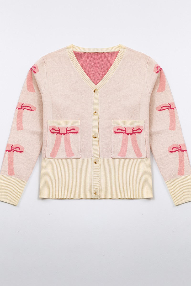 Cropped knit bow cardigan with pockets