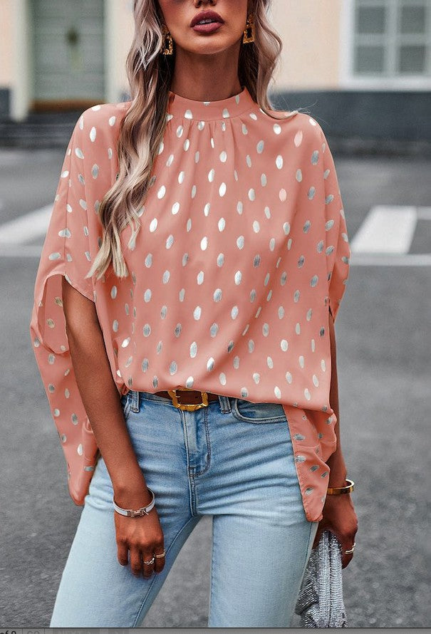 Mock neck polka dot blouse