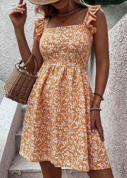 Square neck floral print dress