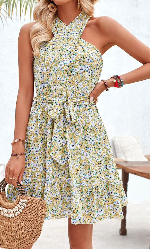 Floral print criss cross front dress