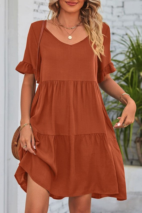 Solid Color V Neck Tiered Dress