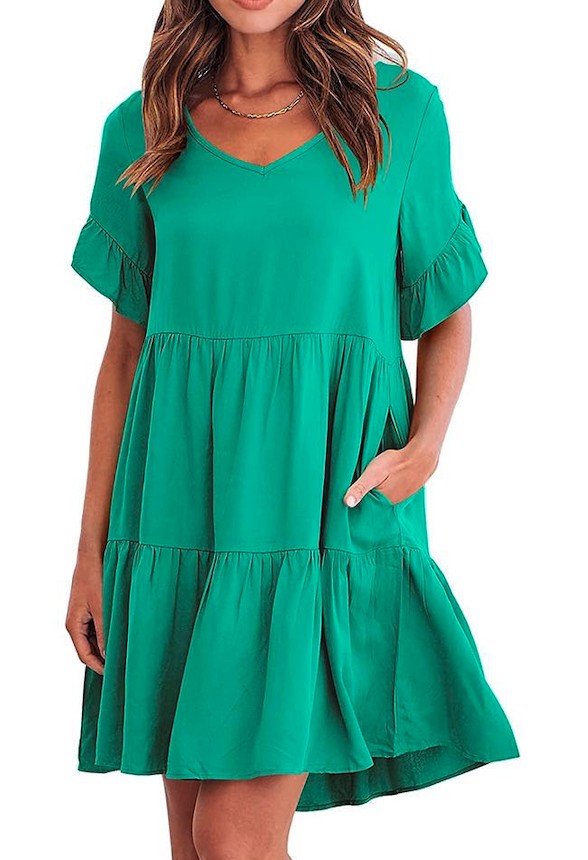 Solid Color V Neck Tiered Dress