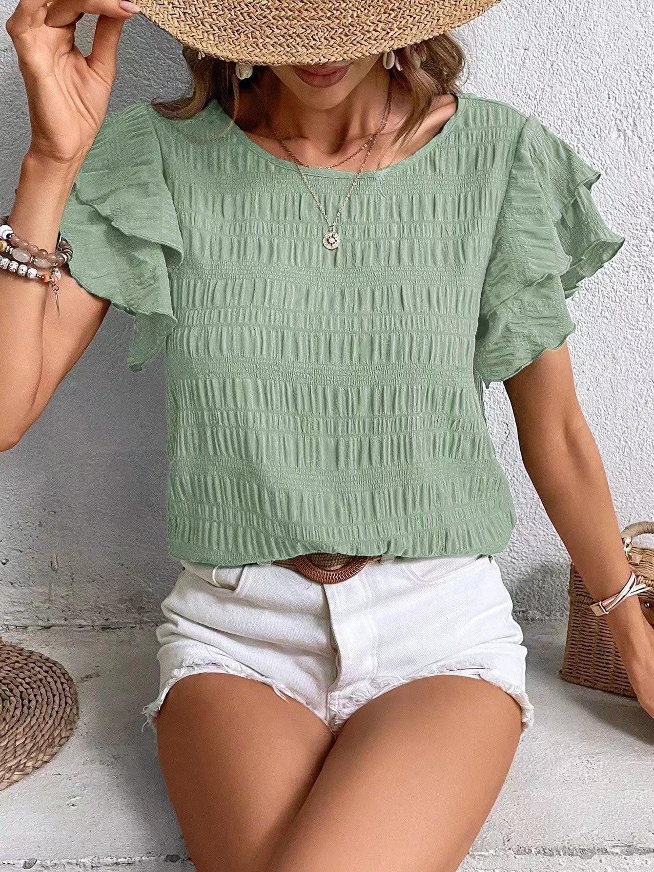 Textured ruffle sleeve blouse