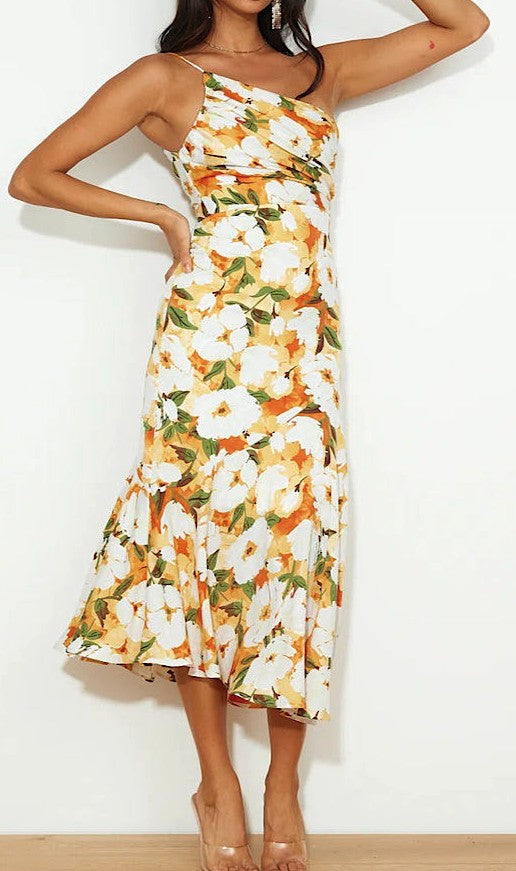 One shoulder floral print dress