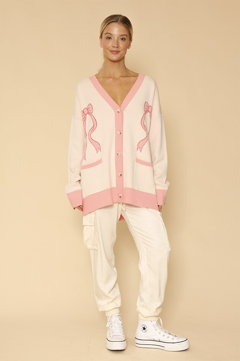 Varsity knit bow cardigan